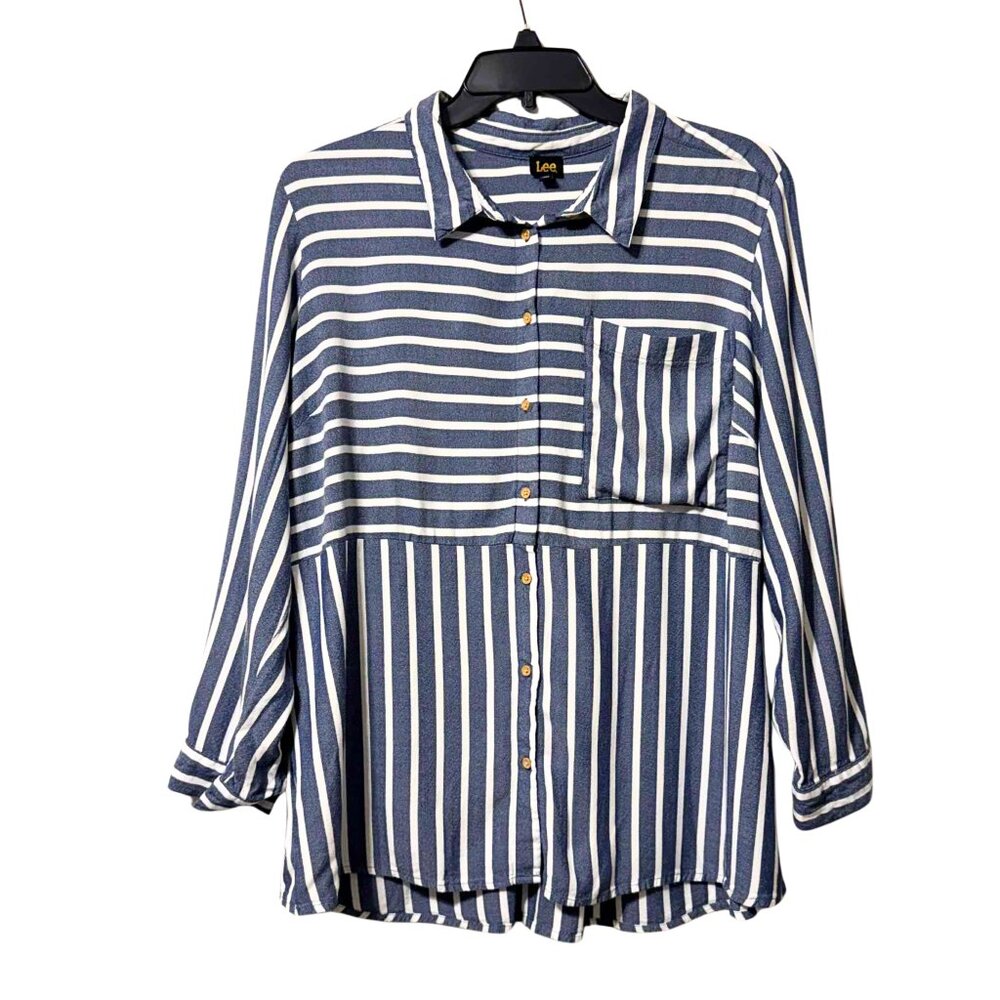 Lee Women’s 2X Navy Blue & White Striped Button Front Blouse | Soft Rayon Top